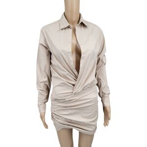 MABLE One More Dance Plunging Neckline Long Sleeve Shirt Mini Dress Poplin Tan